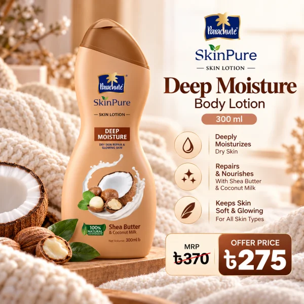 Parachute SkinPure Deep Moisture Body Lotion with Shea Butter & Coconut Milk,For Soft, Glowing, Nourished Skin, Repairs Dry Skin, 100% Natural Moisturizers, All Skin Types, 300 ml