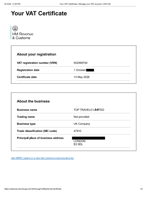 UK VAT Certificate